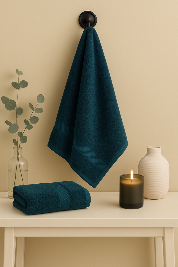 2-Piece Premium Hand Towel – Teal Ribbed Border