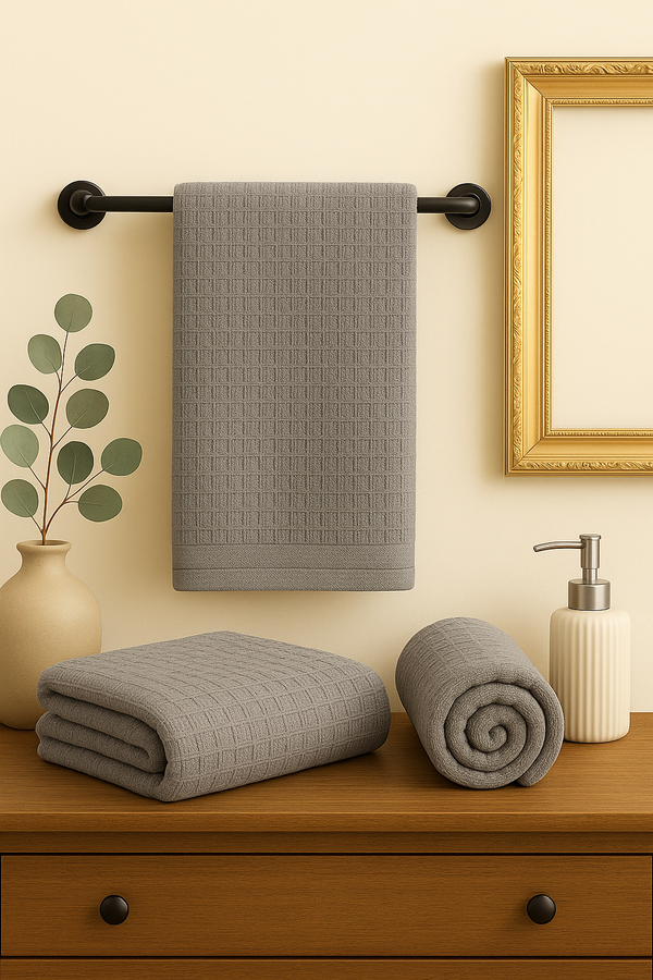 Premium Bath Towel – Grey Waffle Texture