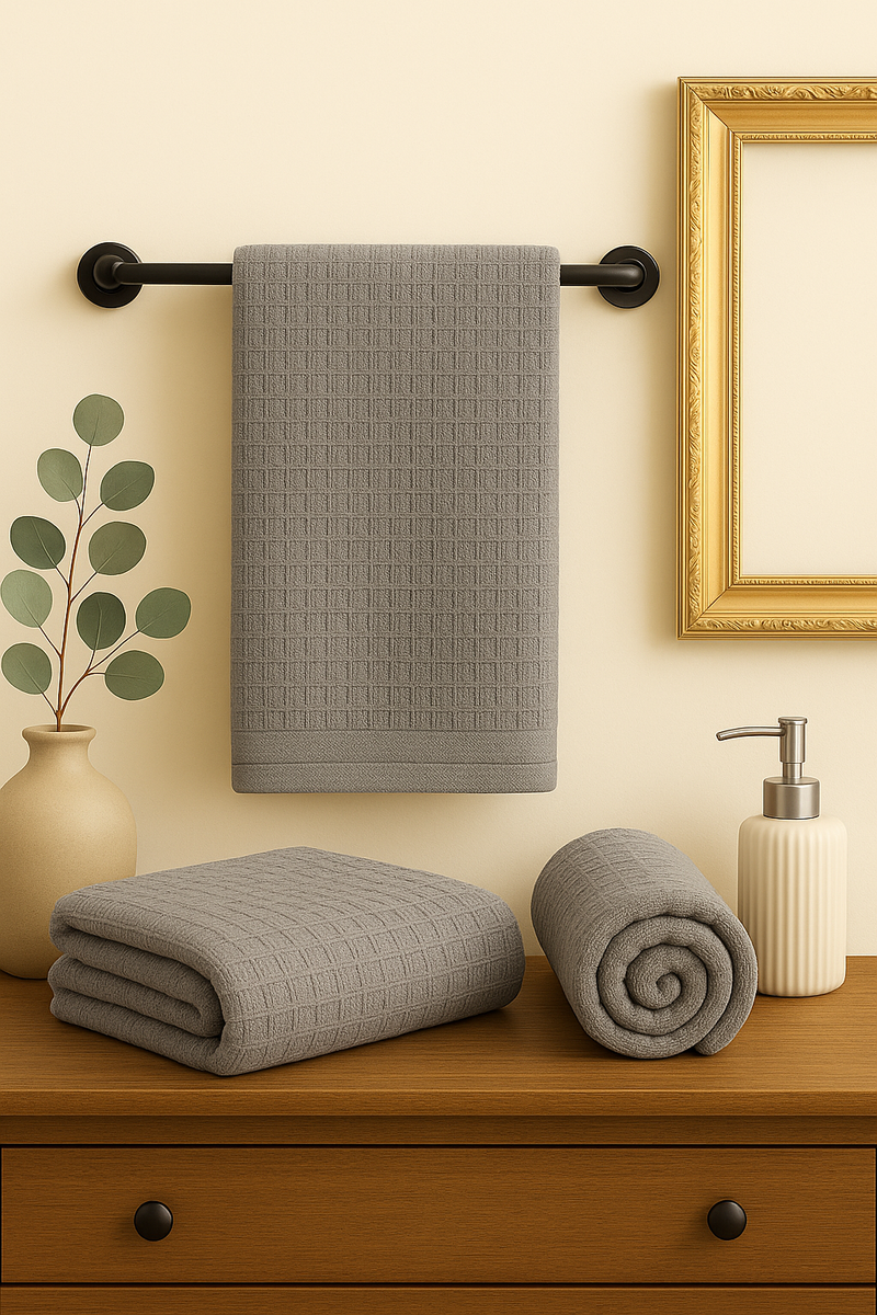 Premium Bath Towel – Grey Waffle Texture