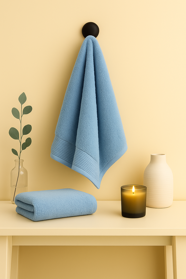 2-Piece Premium Hand Towel – Sky Blue Ribbed Border