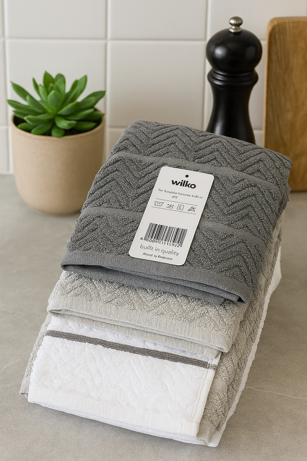 3-Piece Kitchen Towel Set – Taupe Brown, Stone Grey & Classic White