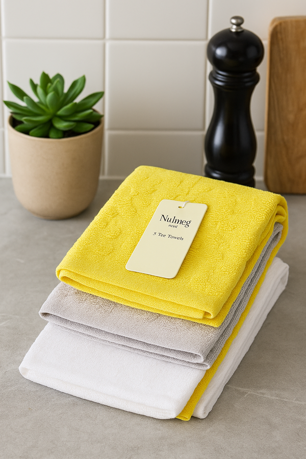 3-Piece Kitchen Towel Set – Sunny Yellow, Soft Grey & Classic White